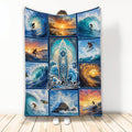 Surfing throw blanket featuring surfers, ocean waves, sunset scenes, and a decorative surfboard collage