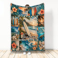 Surfing blanket displayed with tropical waves, surfboards, hibiscus flowers, and coastal ocean artwork