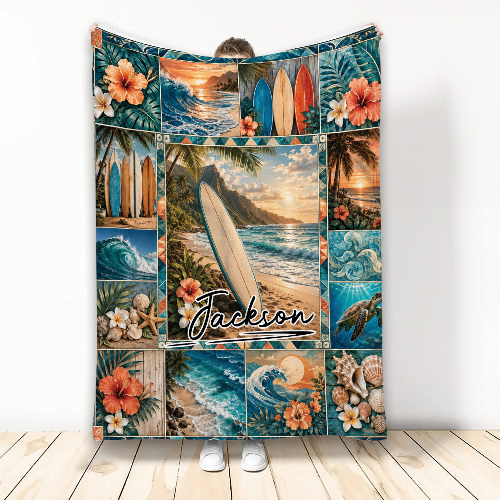 Surfing blanket displayed with tropical waves, surfboards, hibiscus flowers, and coastal ocean artwork