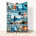 Surfing throw blanket with surfers, surfboards, tropical waves, palm trees, and coastal collage artwork