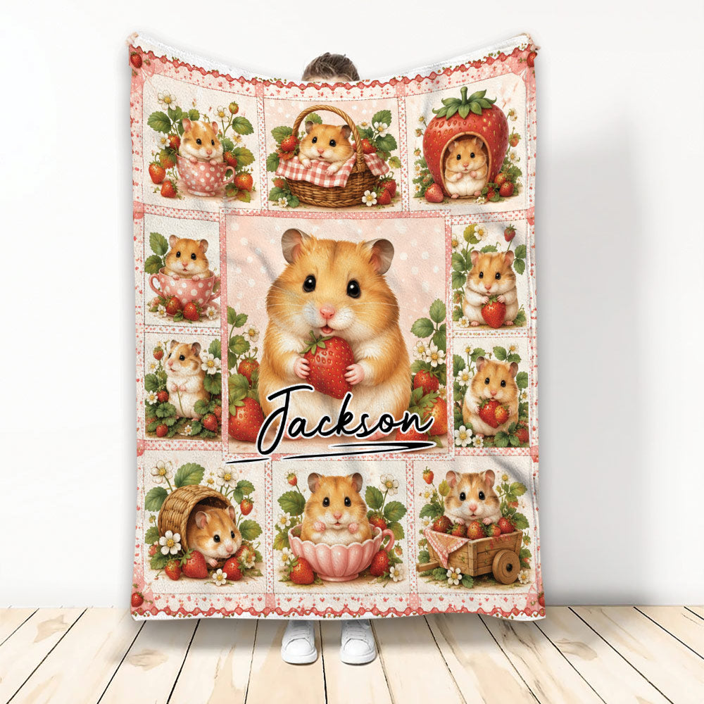 Hamster blanket with strawberry-themed artwork, floral accents, and a central hamster design