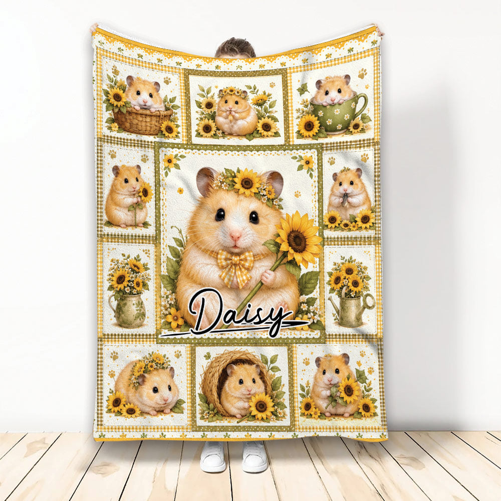 Hamster throw blanket featuring sunflower scenes, multiple cute hamsters, and a warm country-style patchwork design