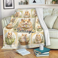 Hamster blanket draped over a sofa, showing a floral collage of hamsters with daisies