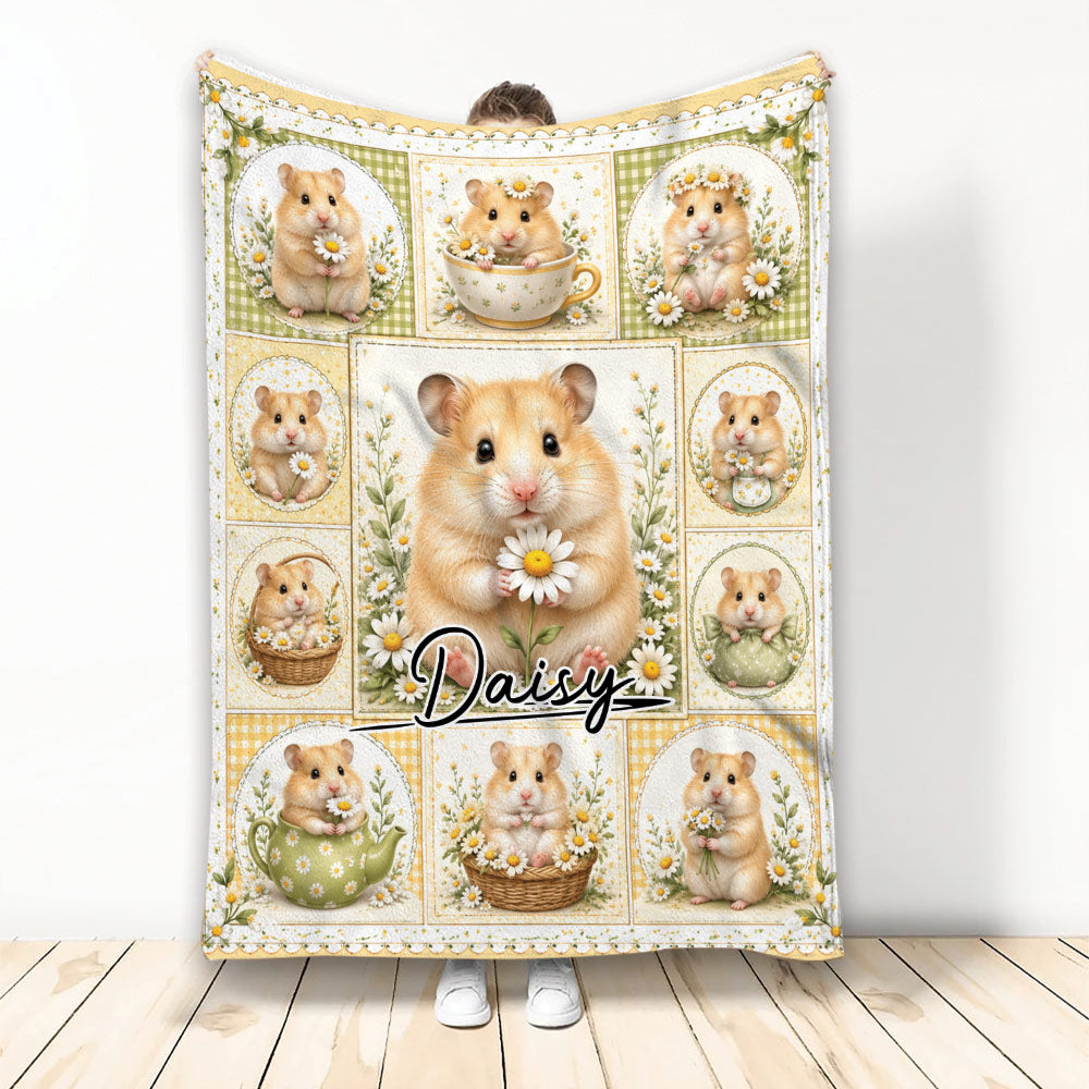 Hamster throw blanket featuring a daisy collage design with multiple cute hamsters in floral scenes