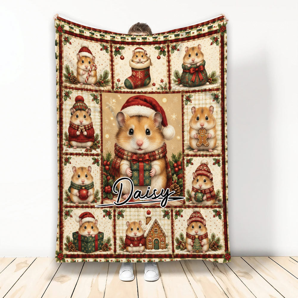 Christmas hamster blanket featuring festive hamsters, stockings, gifts, gingerbread, holly, and cozy holiday artwork