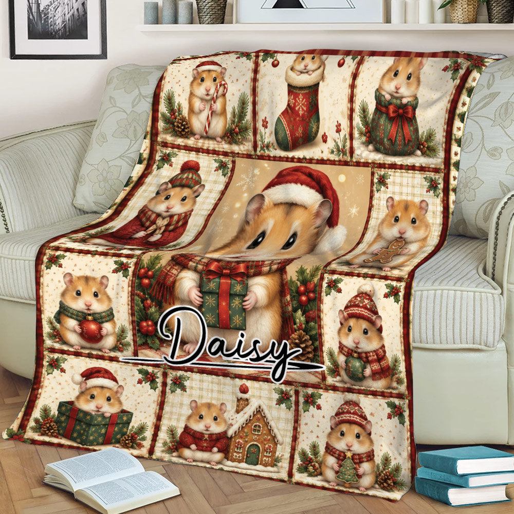 Close lifestyle view of a Christmas hamster throw blanket draped over a sofa with festive holiday artwork