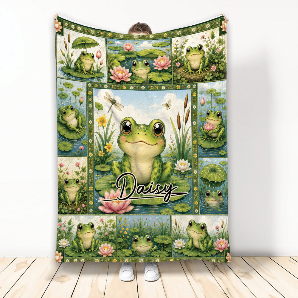 Frog throw blanket featuring a collage of green frogs, lily pads, lotus flowers, and pond scenery