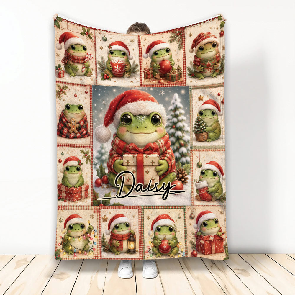 Christmas frog throw blanket displayed upright with festive frogs, gifts, ornaments, and holiday colors