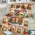 Christmas frog blanket shown on a couch with Santa hats, ornaments, gifts, and cozy holiday artwork