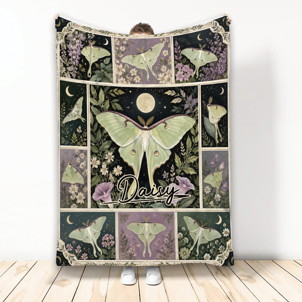 Botanical butterfly blanket displayed upright with moonlit florals and elegant green winged insect artwork