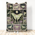 Botanical butterfly blanket displayed upright with moonlit florals and elegant green winged insect artwork