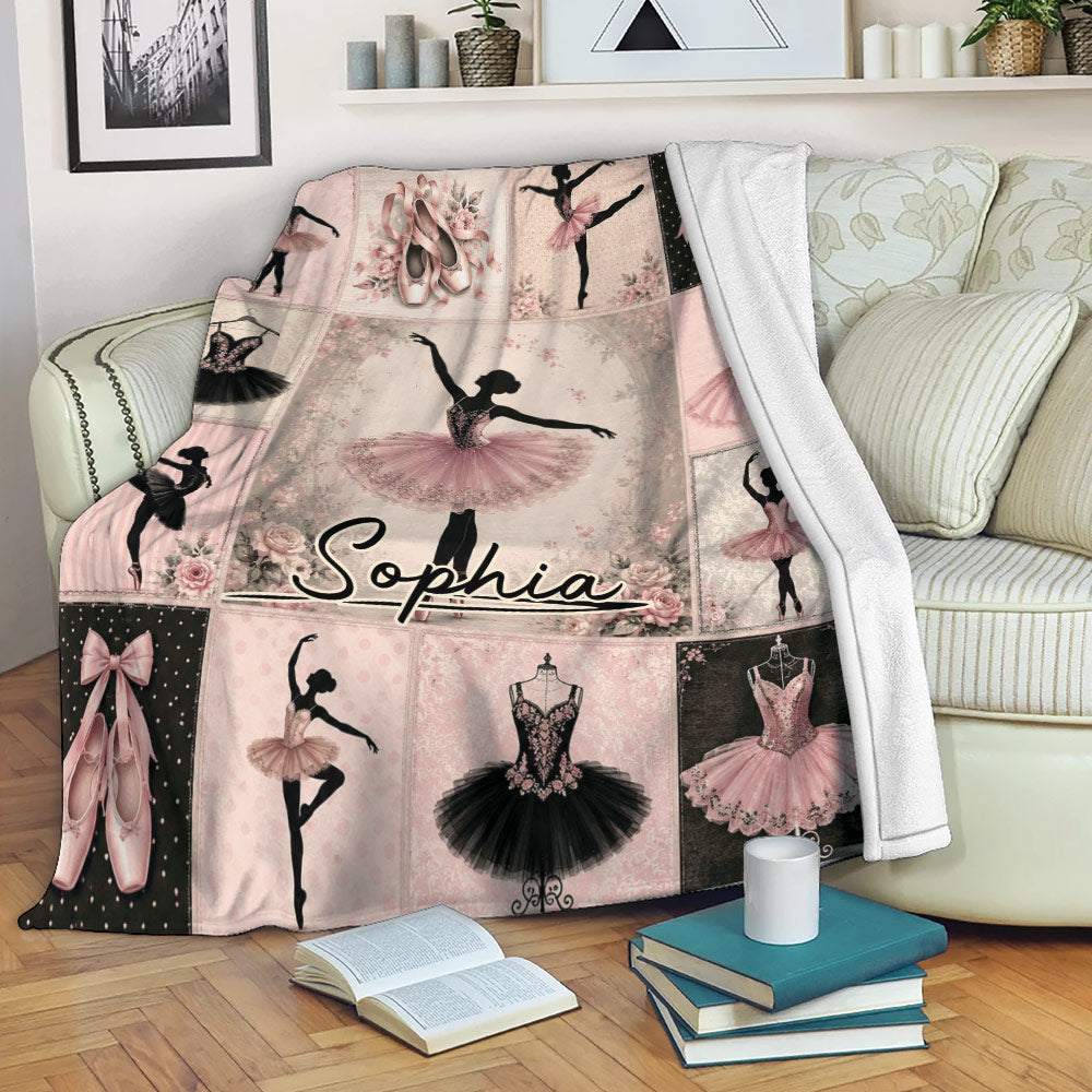 Ballet throw blanket draped over a sofa with pink ballerina, pointe shoe, and tutu collage design