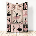 Pink ballet throw blanket displayed with ballerina silhouettes, pointe shoes, tutus, and floral artwork