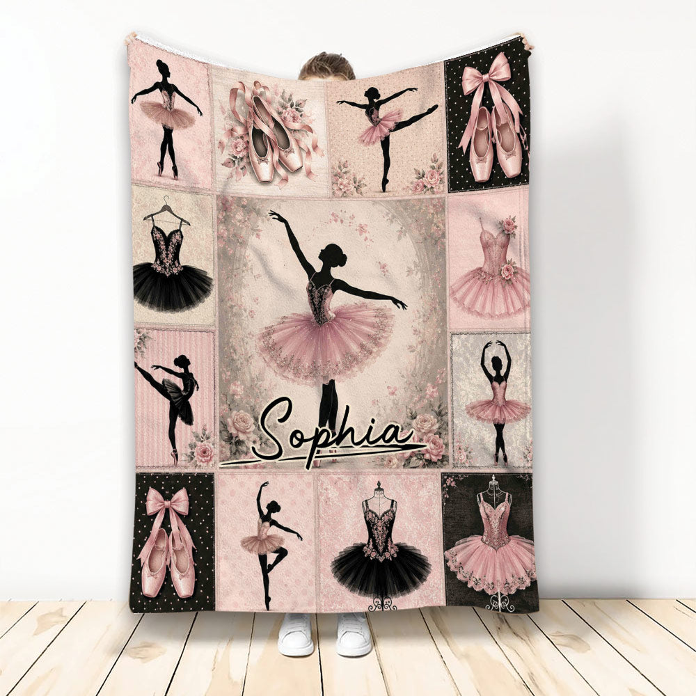 Pink ballet throw blanket displayed with ballerina silhouettes, pointe shoes, tutus, and floral artwork