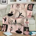 Close lifestyle view of a pink ballet blanket featuring dancer silhouettes, pointe shoes, and costume illustrations