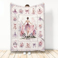 Ballet throw blanket with ballerina artwork, pointe shoes, floral accents, bows, and pastel colors
