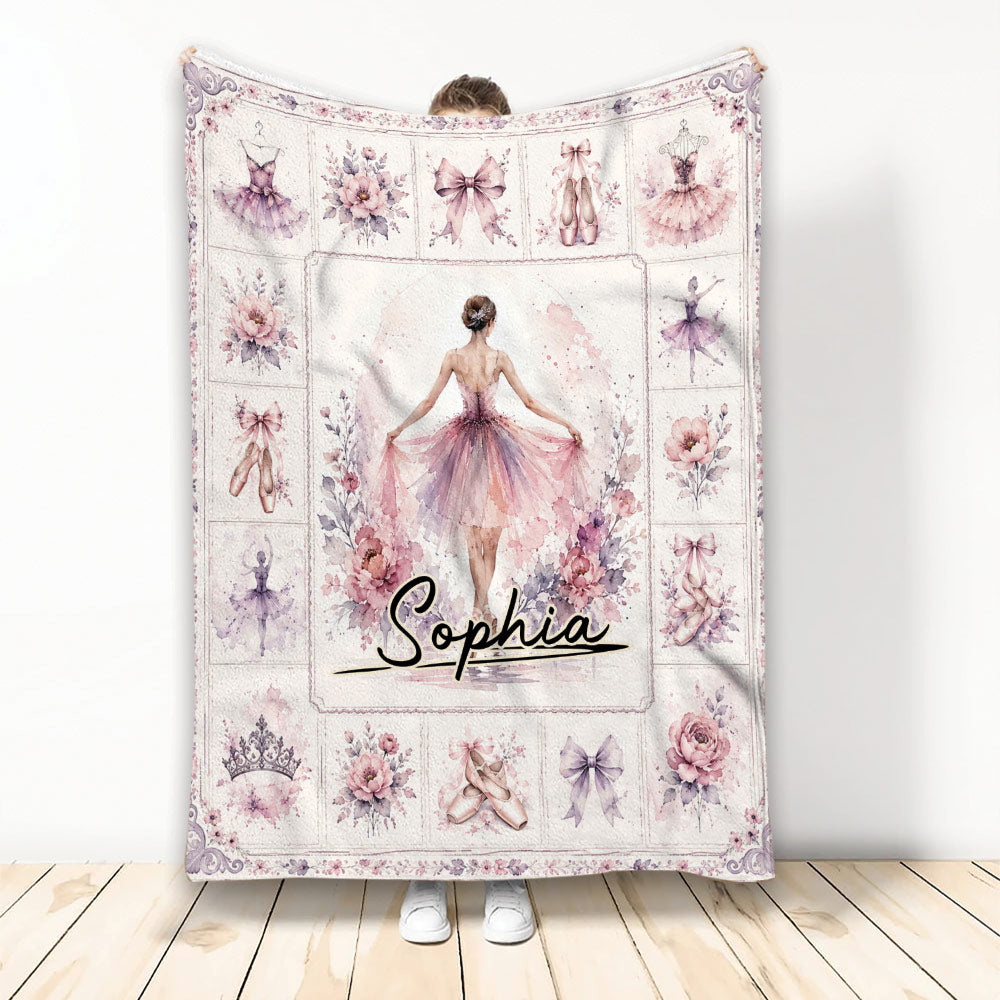 Ballet throw blanket with ballerina artwork, pointe shoes, floral accents, bows, and pastel colors