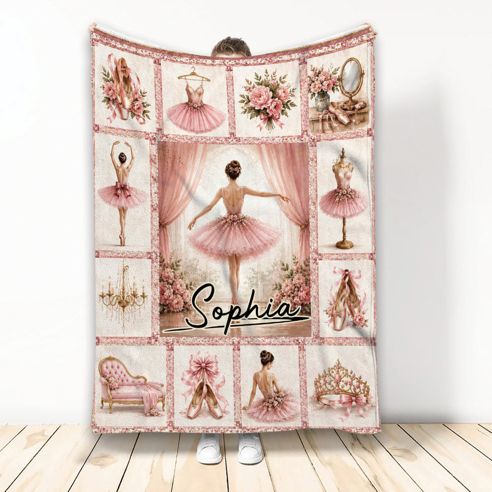 Pink ballet blanket displayed with ballerina, tutu, pointe shoes, roses, and vintage dressing room artwork