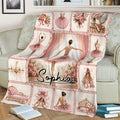 Vintage pink ballet blanket styled on a sofa with ballerina, tutu, roses, and ballet slipper illustrations