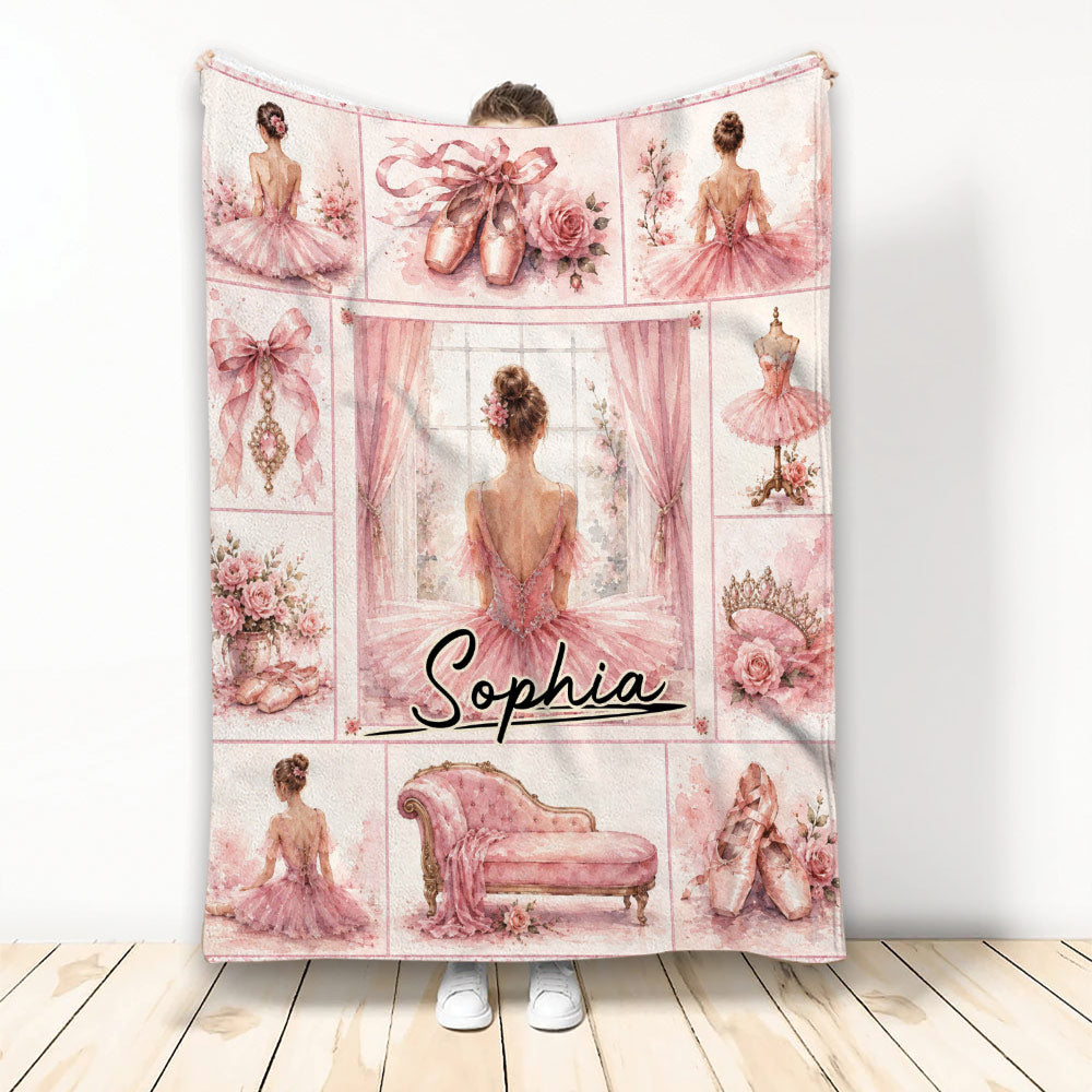 Pink ballet blanket featuring ballerinas, pointe shoes, roses, tutus, and elegant ballet studio artwork