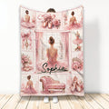 Pink ballet blanket featuring ballerinas, pointe shoes, roses, tutus, and elegant ballet studio artwork
