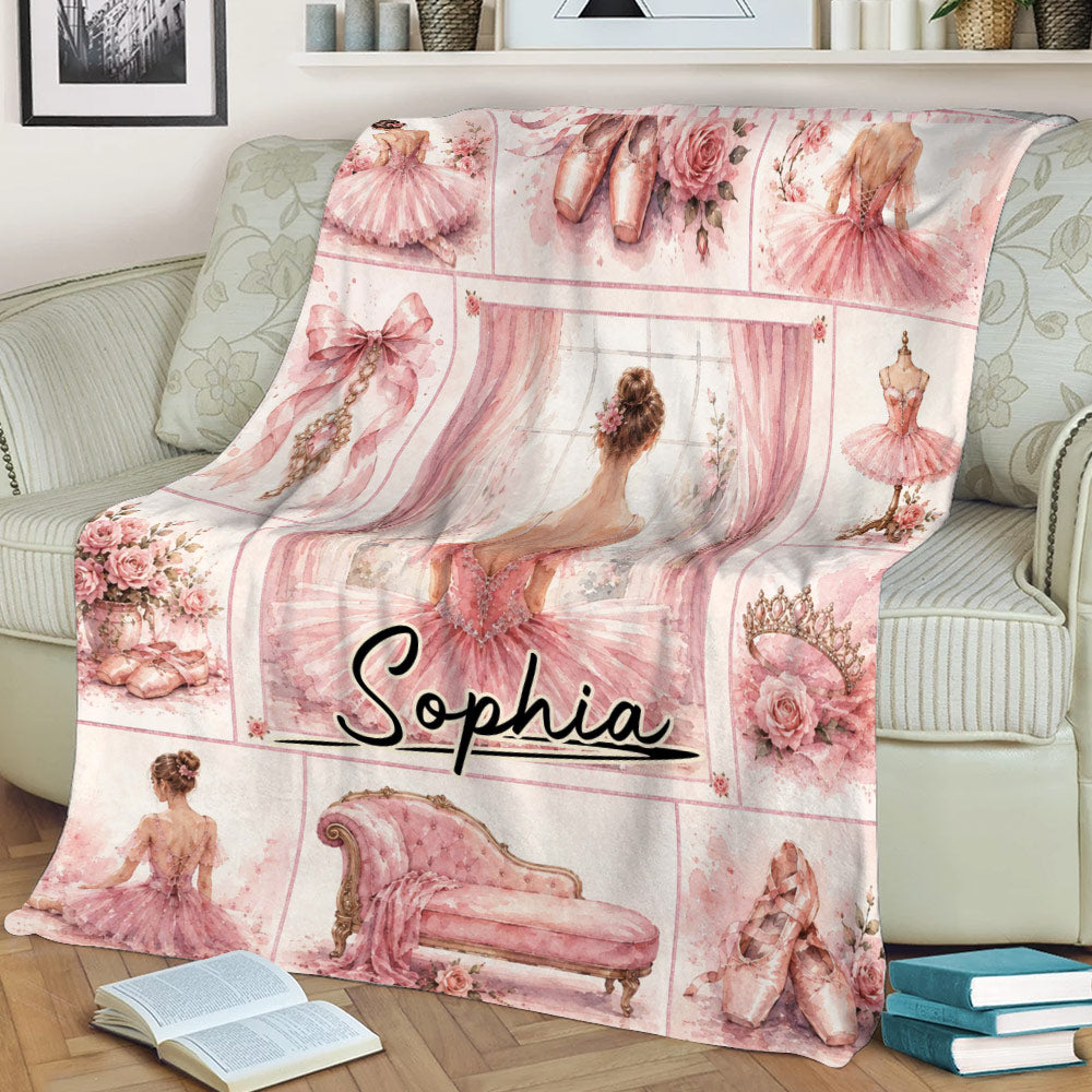 Ballet throw blanket displayed on a sofa with pink dancers, pointe shoes, roses, and romantic decor