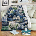 Badminton blanket draped over a sofa, featuring racket and shuttlecock collage artwork