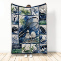 Badminton throw blanket with rackets, shuttlecocks, court scenes, and blue watercolor sports artwork