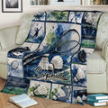 Badminton throw blanket displayed on a couch with racket, shuttlecock, and court illustrations