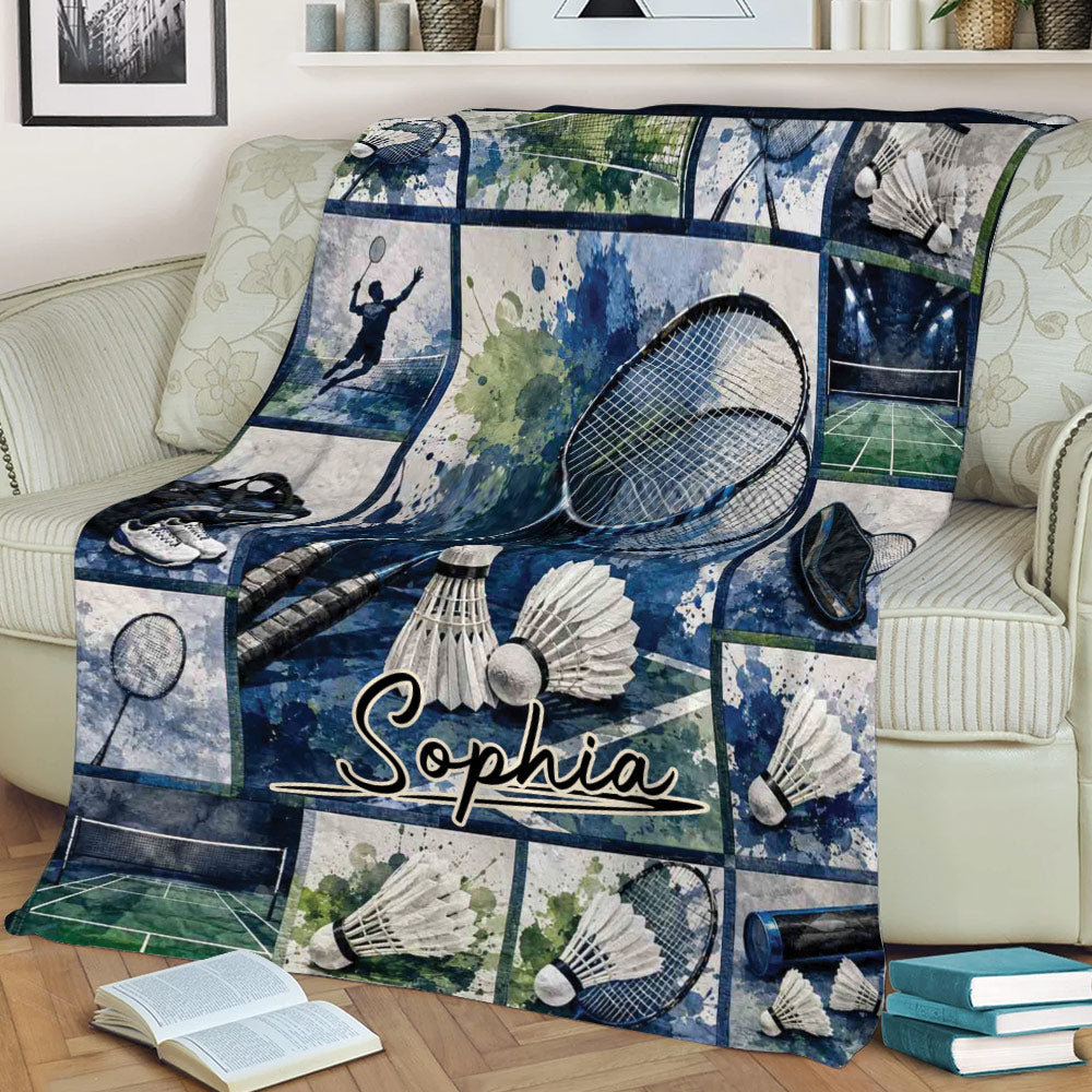 Badminton throw blanket displayed on a couch with racket, shuttlecock, and court illustrations