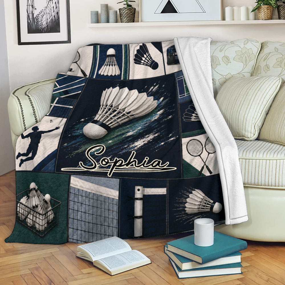 Badminton throw blanket draped over a sofa with shuttlecock artwork and cozy reading nook decor