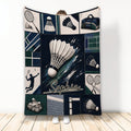 Badminton throw blanket displayed upright with shuttlecock, racket, court, and sports bag artwork