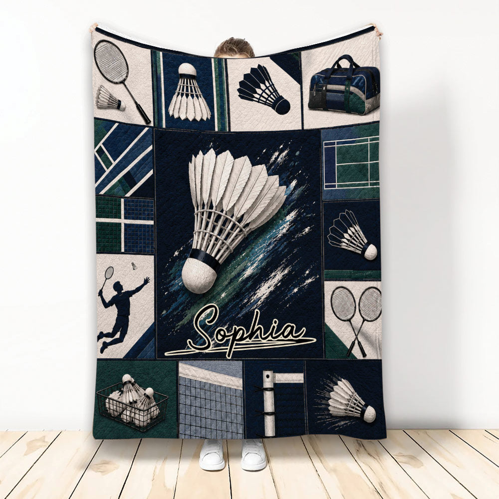 Badminton throw blanket displayed upright with shuttlecock, racket, court, and sports bag artwork
