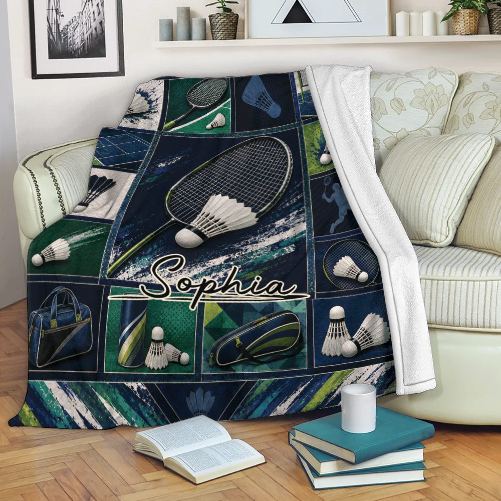 Badminton blanket displayed over a sofa with racket and shuttlecock collage artwork in a cozy living room