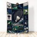 Badminton throw blanket featuring rackets, shuttlecocks, court scenes, and bold navy and green sports artwork