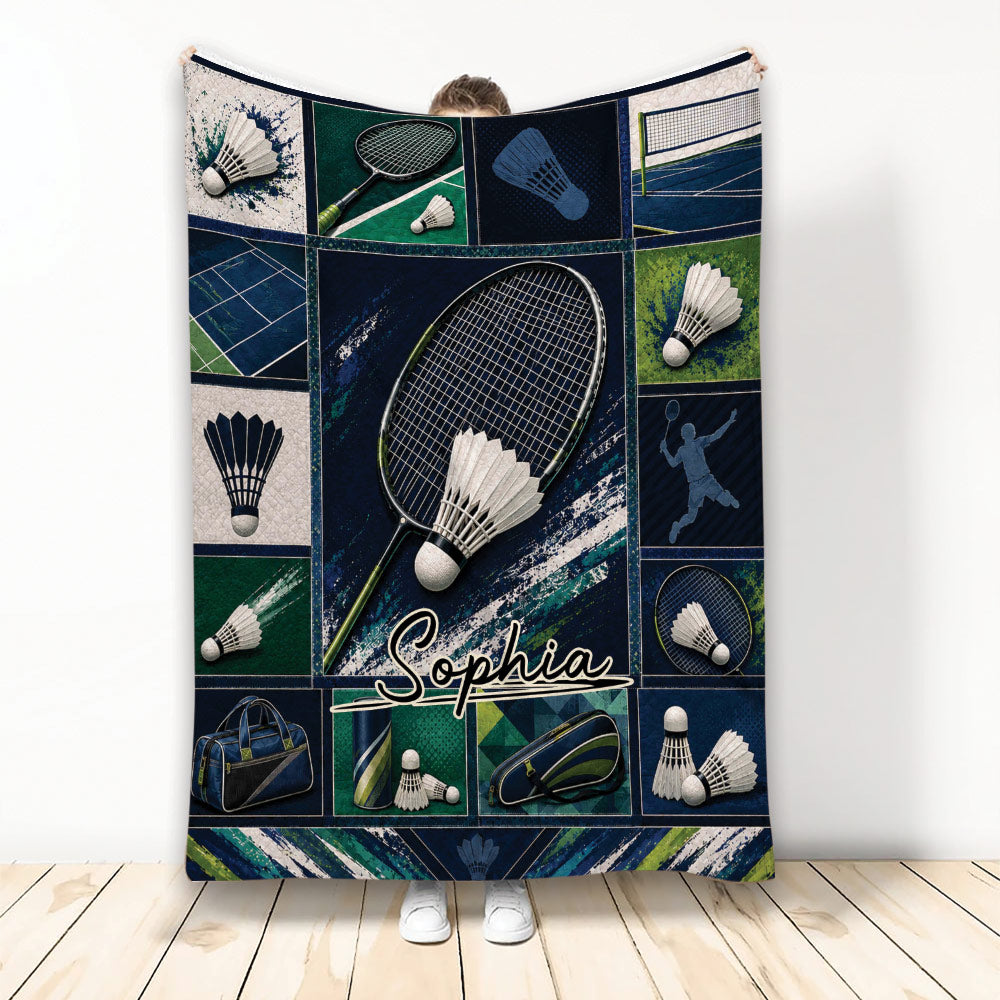 Badminton throw blanket featuring rackets, shuttlecocks, court scenes, and bold navy and green sports artwork