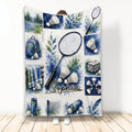 Badminton throw blanket displayed upright with watercolor rackets, shuttlecocks, court, net, and sports gear