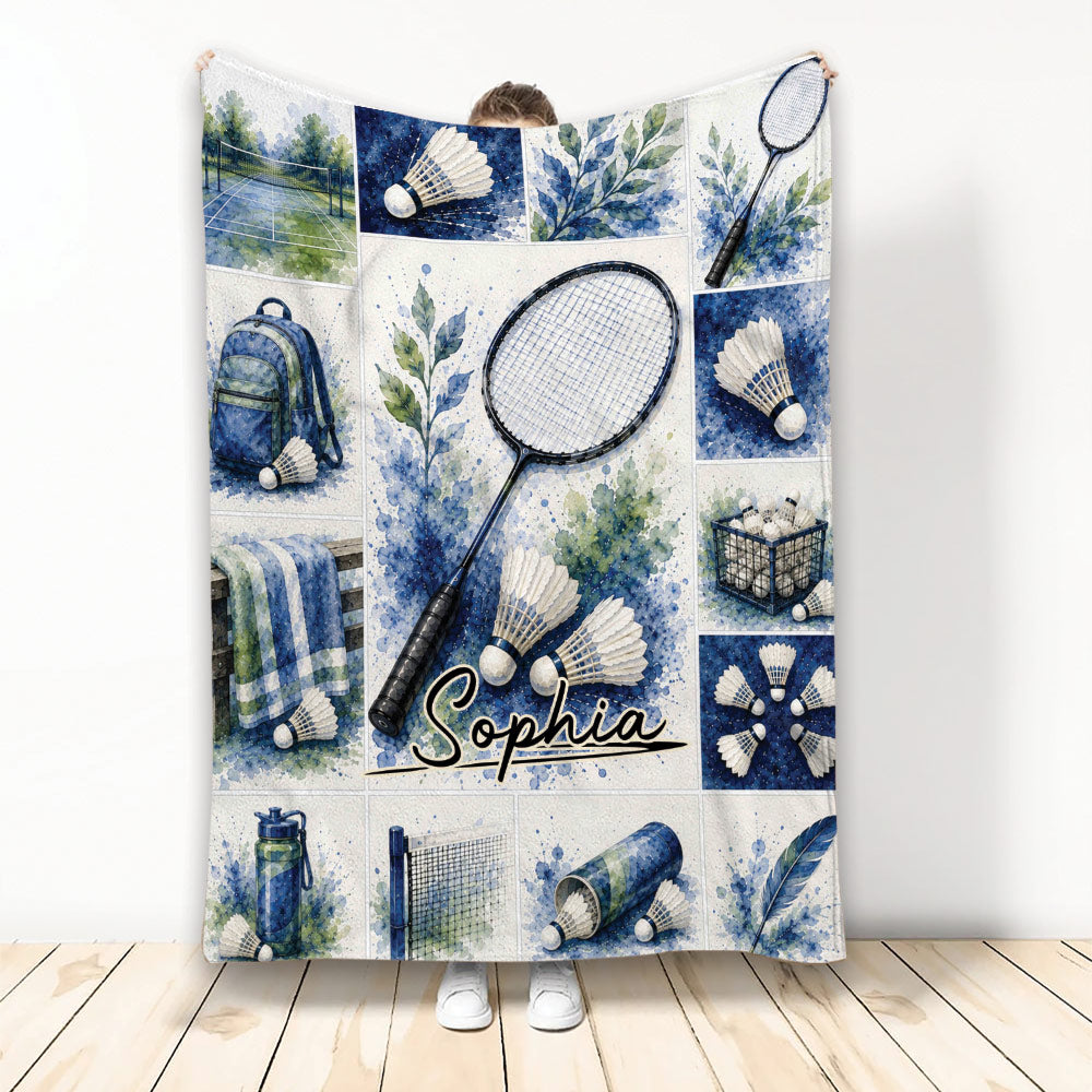 Badminton throw blanket displayed upright with watercolor rackets, shuttlecocks, court, net, and sports gear