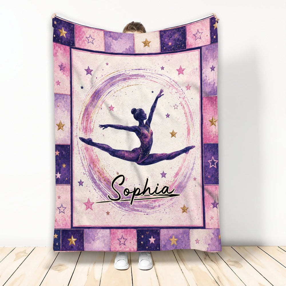 Gymnastics throw blanket featuring a leaping gymnast surrounded by pink, purple, gold, and star artwork