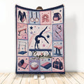 Gymnastics throw blanket with a female gymnast silhouette, balance equipment, rings, and pink and navy star artwork