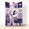Gymnastics throw blanket with gymnast silhouette and pink and purple equipment collage