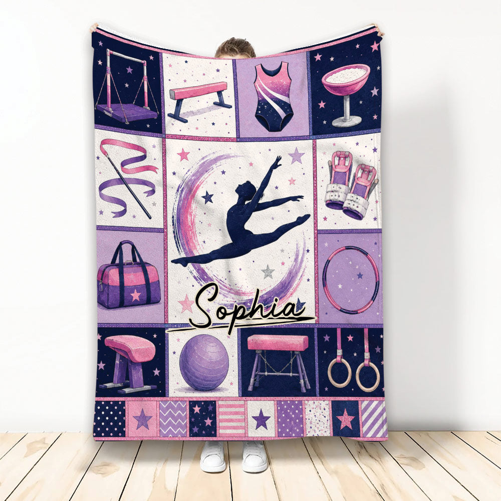Gymnastics throw blanket with gymnast silhouette and pink and purple equipment collage