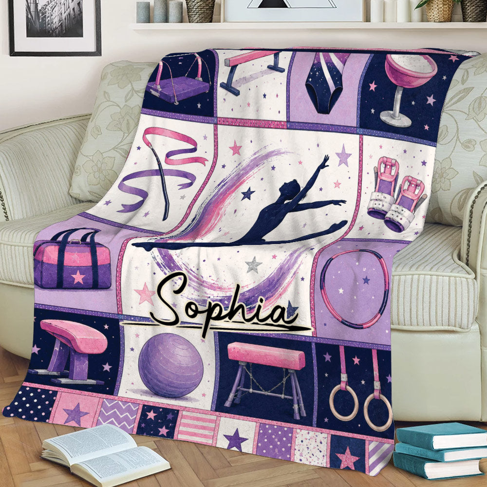 Colorful gymnastics blanket draped over a sofa with gymnast silhouette and star details