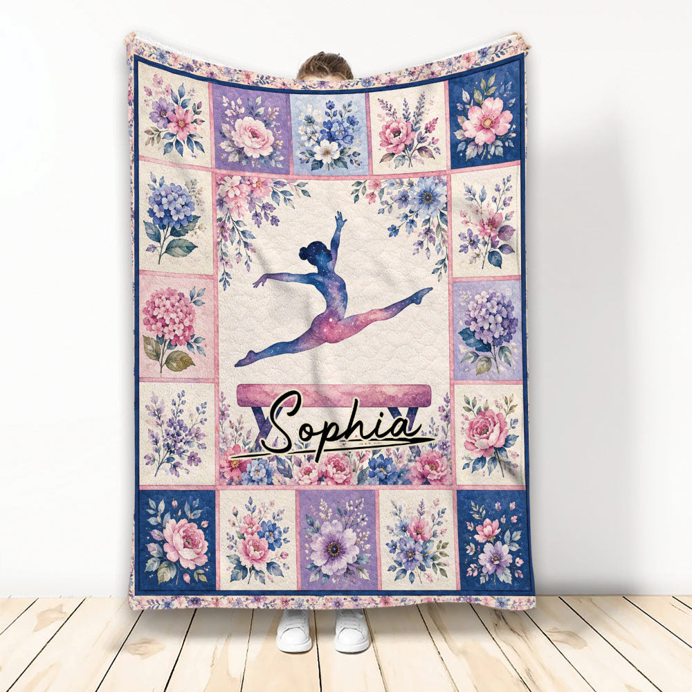 Gymnastics throw blanket with a leaping gymnast silhouette and colorful floral border
