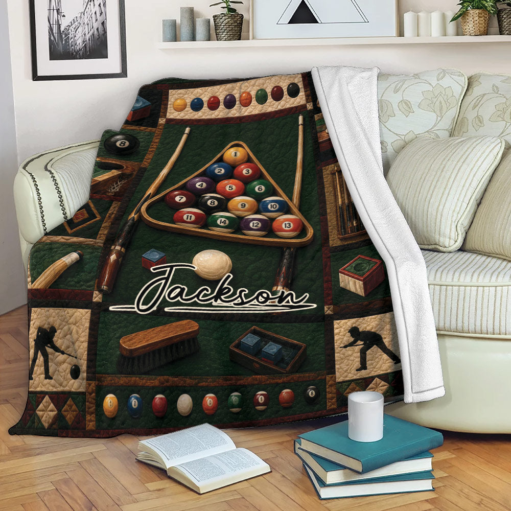 Billiards throw blanket draped over a sofa with colorful pool ball and cue artwork