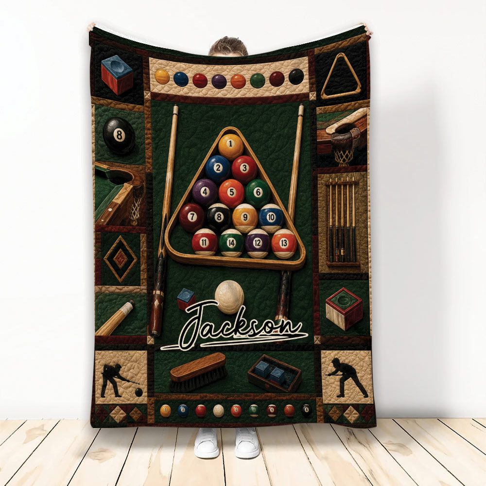 Billiards throw blanket displayed vertically with pool balls, cues, a rack, and classic pool hall artwork