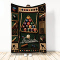 Billiards throw blanket displayed vertically with pool balls, cues, a rack, and classic pool hall artwork