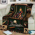 Close view of a billiards blanket on a sofa featuring a racked pool table and cue accessories