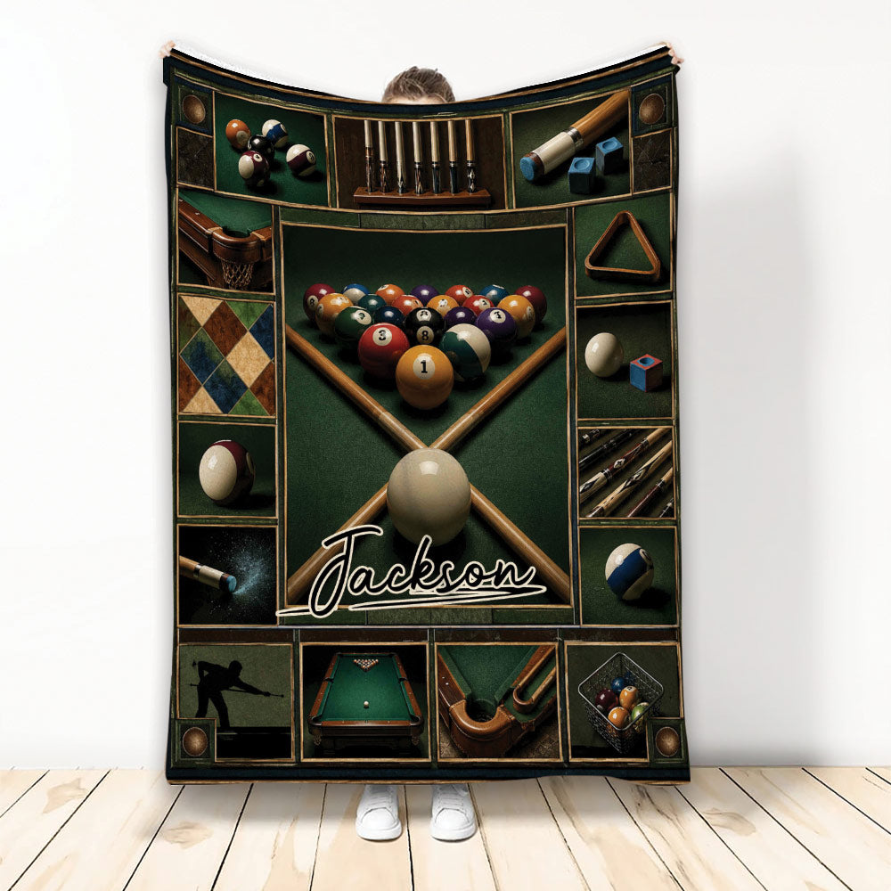 Billiard blanket displayed upright with pool balls, cues, table pockets, and vintage game-room artwork
