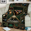 Billiard blanket styled across a couch with pool-table imagery, billiard balls, and cue details